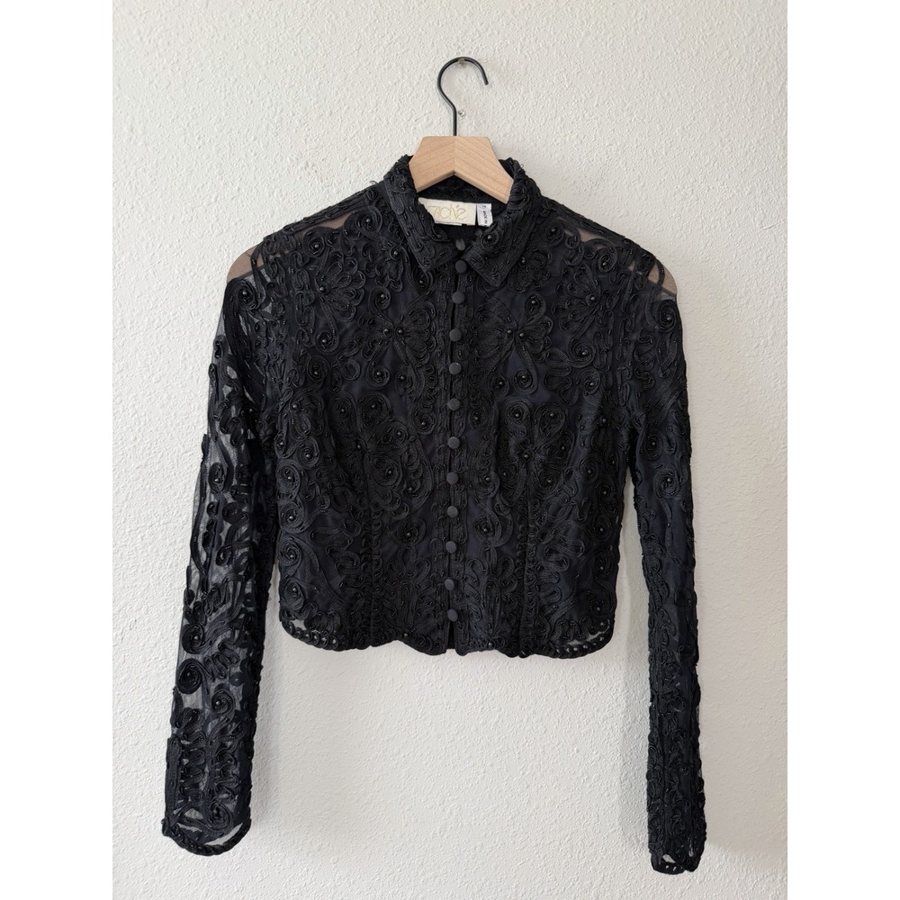 Vintage Cache Bolero Western Black Beaded Sheer Lace Cropped Cardigan Witchy Med